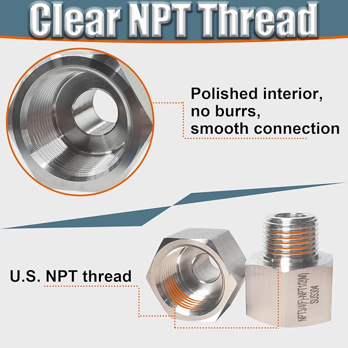 1/2" Female to 1/4" Male NPT Reducer Adapter, 304 Stainless Steel Reducing Pipe - Image 6