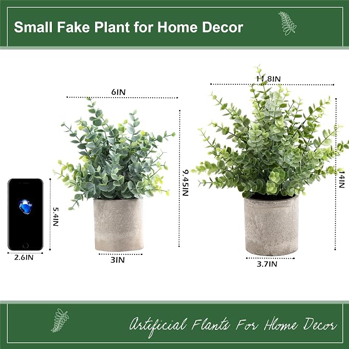 Coferset 2 Pack Small Fake Plants Eucalyptus Potted, Sage Green Large | 14" - Image 6