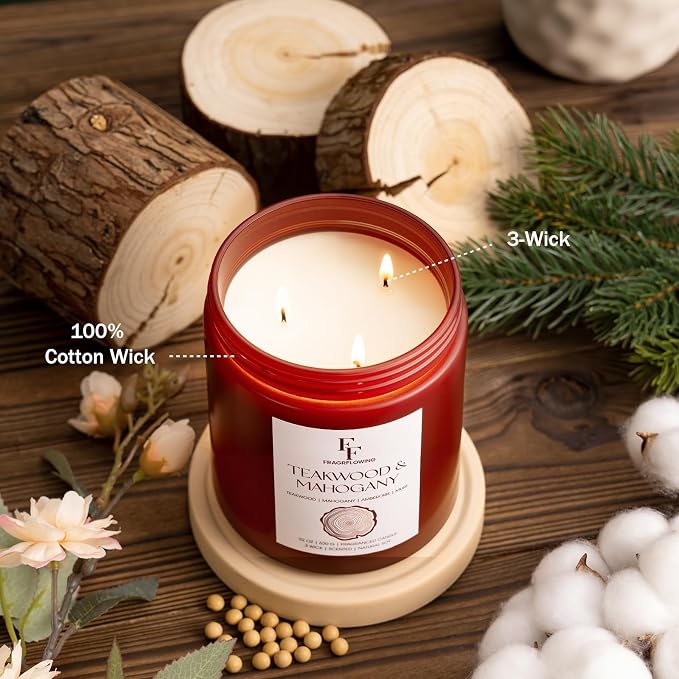 Teakwood & Mahogany Large Christmas Scented Candle, 3-Wick 22oz Long Lasting - Image 4