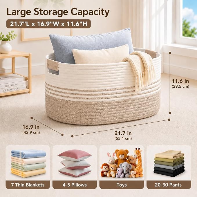 Laundry Hamper with Handles, 72L Rope Laundry Basket, Light Brown | Cotton rope - Image 2