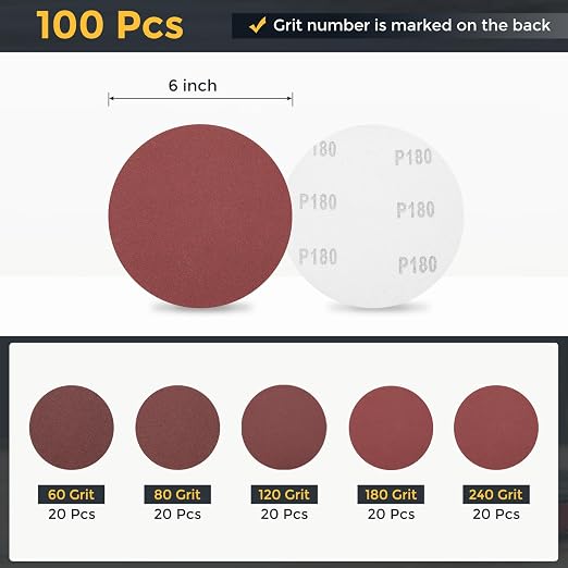 HARFINGTON 100Pcs 6Inch Sanding Disc Hook & Loop Sandpaper Aluminum Oxide | - Image 2