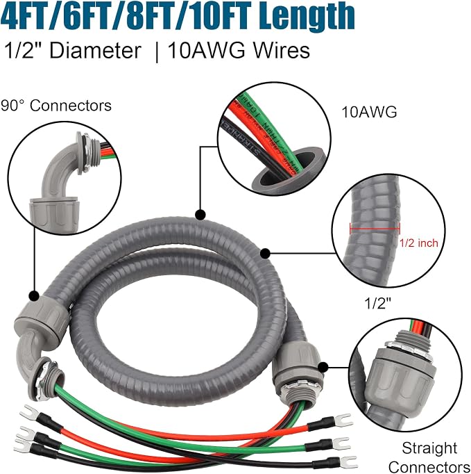 8FT Non-Metallic Liquid-Tight Conduit Kit, 1/2" Pre-Wired Electrical Whip - Image 4