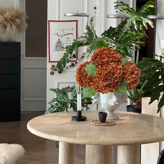 YalzoneMet 3 Pcs Orange Brown Hydrangea Artificial Flowers 21‘’ Real Touch - Image 6