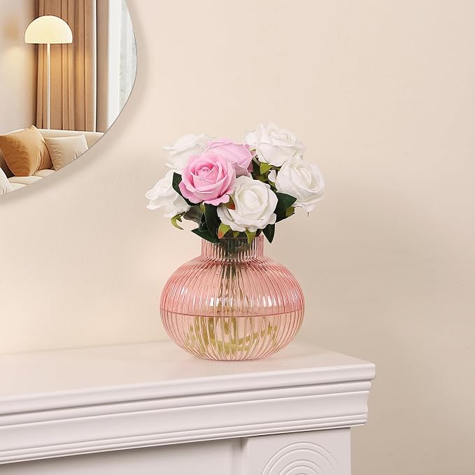 Pink Glass Vase for Tulips, Ribbed Glass Vase for Flowers, Round Flower Vases - Image 6