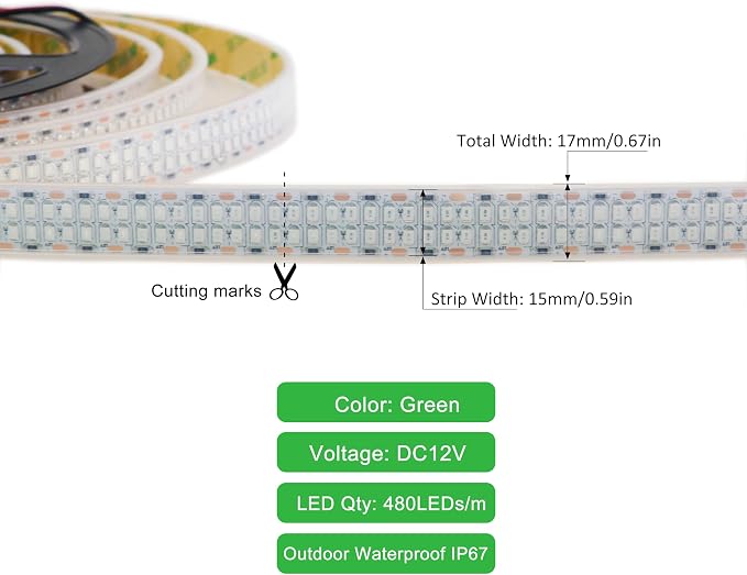 Green 12V LED Strip Lights 16.4ft, Double Row 2400LEDs IP67 Outdoor | SMD 2835 - Image 3