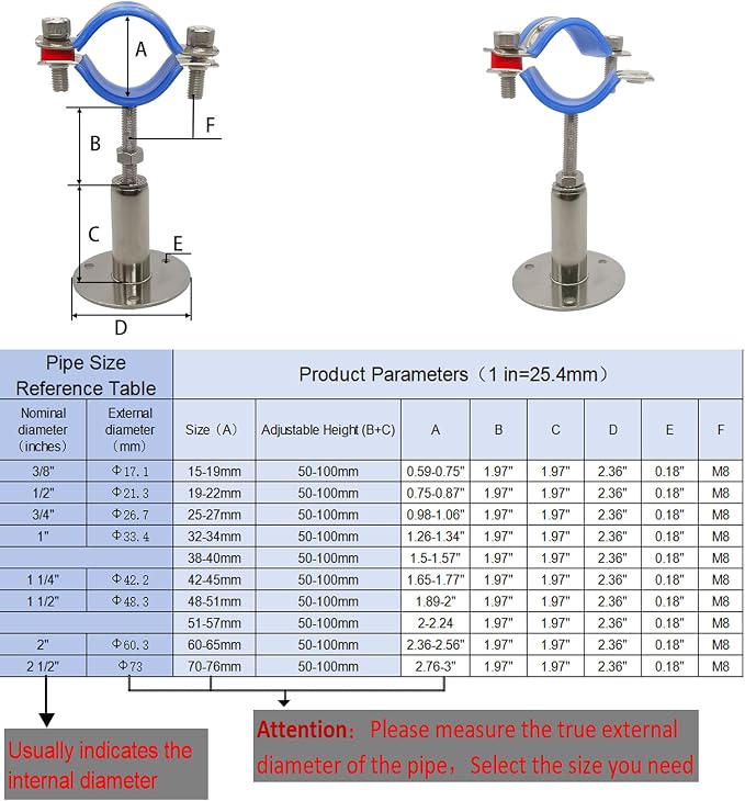 Wall Mount Ceiling Mount Pipe Supports, Adjustable Pipe Clamps Stainless Steel - Image 5