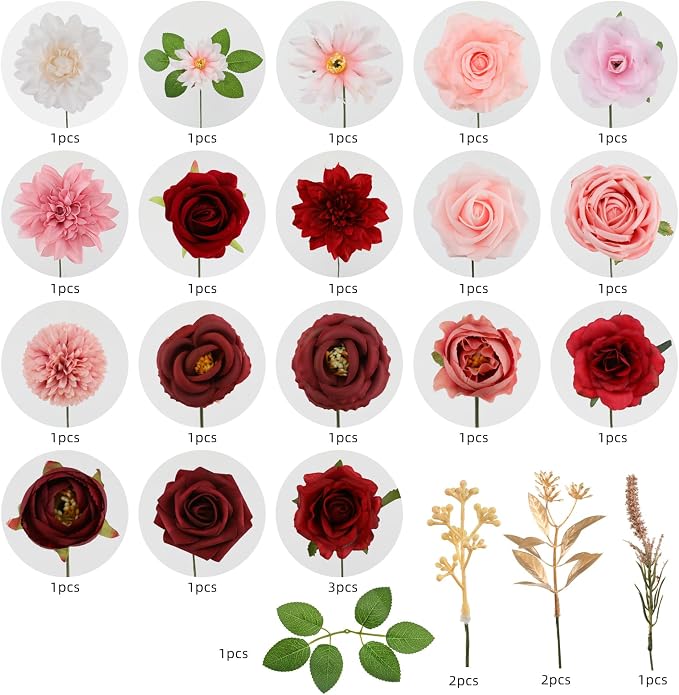 Artificial Flowers Combo Red Flowers Mix Silk Flowers Dahlia Roses - Image 8