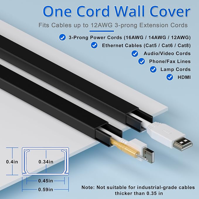ZhiYo 68" Cord Hider for 1 Cable, Small Black Wire Covers, 0.6" W x 0.4" H | - Image 2