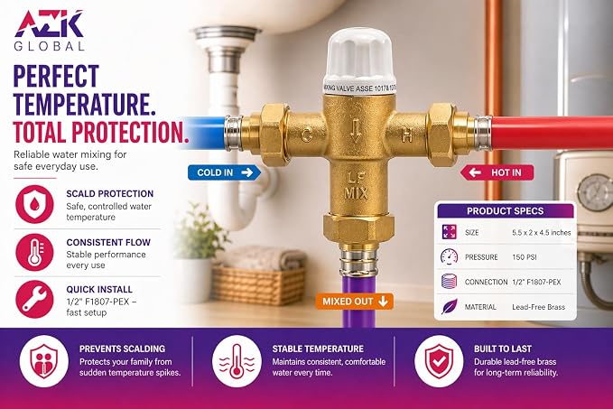 1/2" F1807-PEX Thermostatic Mixing Valve, Cert: ASSE, NSF | TMV, Precise water - Image 5