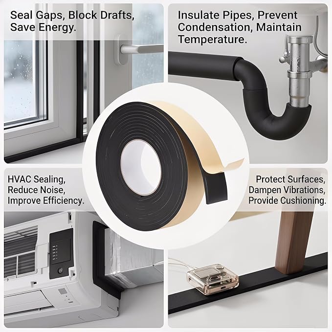Pipe Insulation Foam Tape, 2 inch x 33 Ft Self Adhesive Insulation Wrap | Foam - Image 7