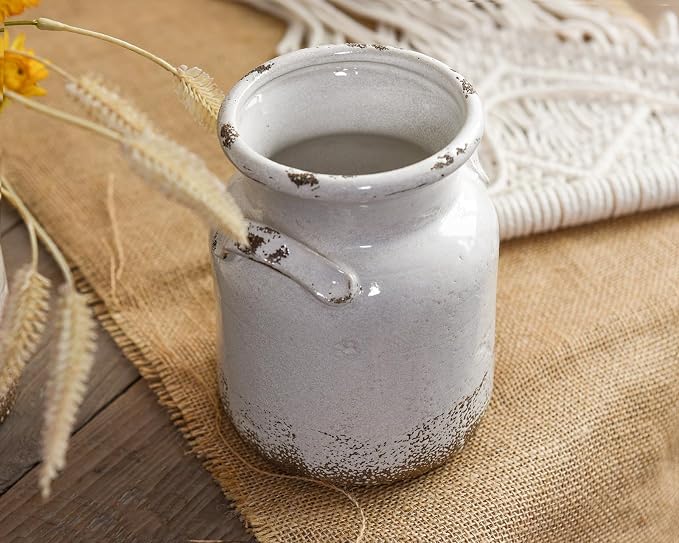 Quoowiit Ceramic Rustic Farmhouse Vase, Distressed Decorative Flower Vase - Image 2