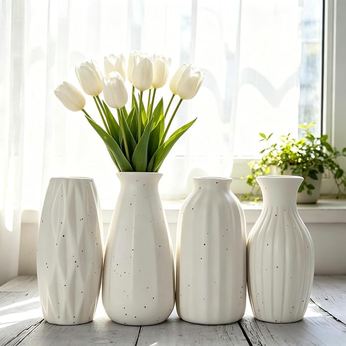 Set of 4 Small White Ceramic Vases Table Flower Vase Modern Decorative Vases - Image 7
