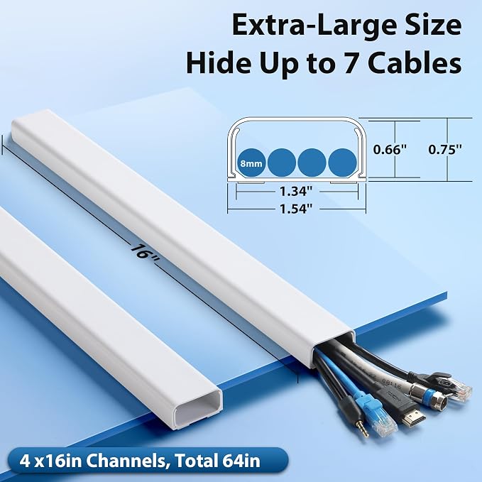 ZhiYo 64" Cord Covers for 4-7 Wires on Wall, 1.54" W x 0.75" H | Paintable TV - Image 2