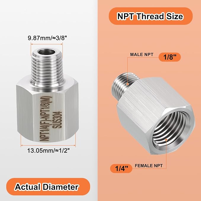1 Pack 304 Stainless Steel FeMale to Male Adapter, 1/4" FeMale NPT x 1/8" Male - Image 2