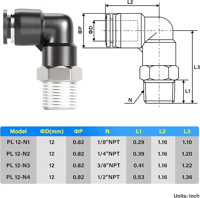 TAILONZ 12mm x 1/2" NPT Push to Connect Elbow Fitting 5pcs | Copper&Plastic - Image 2
