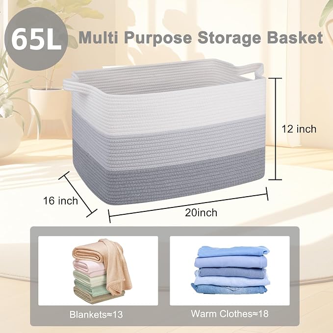 OIAHOMY Large Blanket Basket, 65L Cotton Rope Woven Laundry Basket, Toy Bin - Image 3