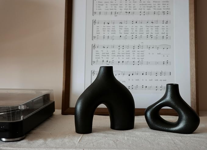 Carrot's Den Black Ceramic Modern Vase Set of 2, Donut Shelf Decor, mantel - Image 3
