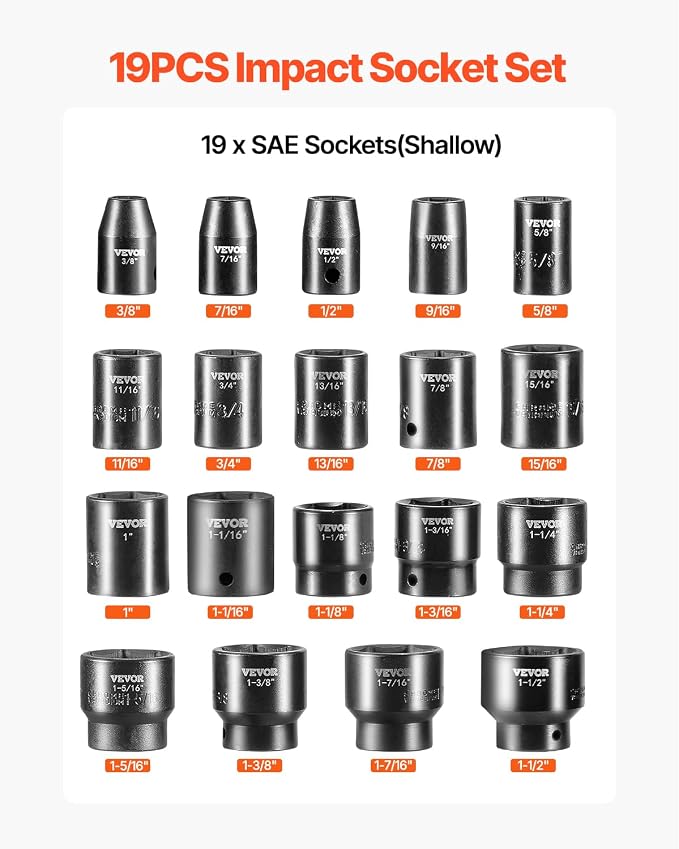 VEVOR Impact Drive Socket Set 1/2 Inches 19 Piece Impact Sockets SAE, Standard - Image 3
