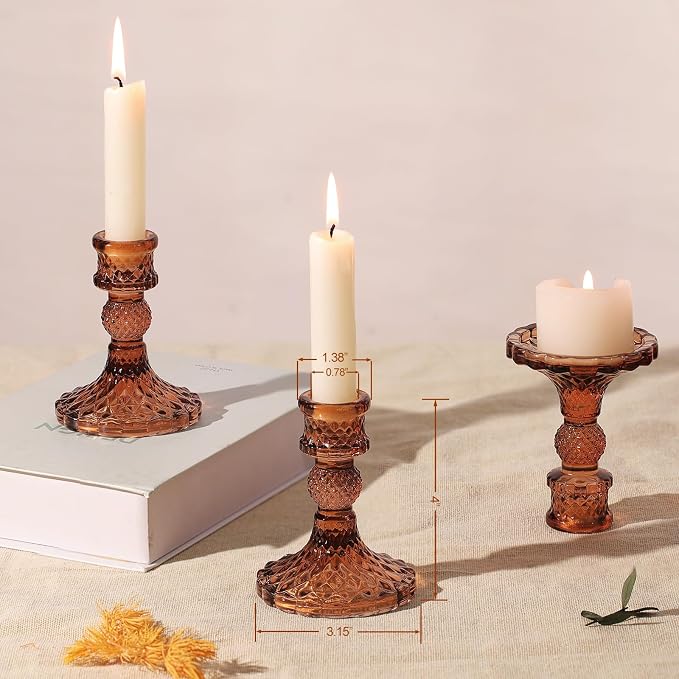 12Pcs Amber Candlestick Holders Set- 4" H Taper Candle Holders Bulk, Glass - Image 2