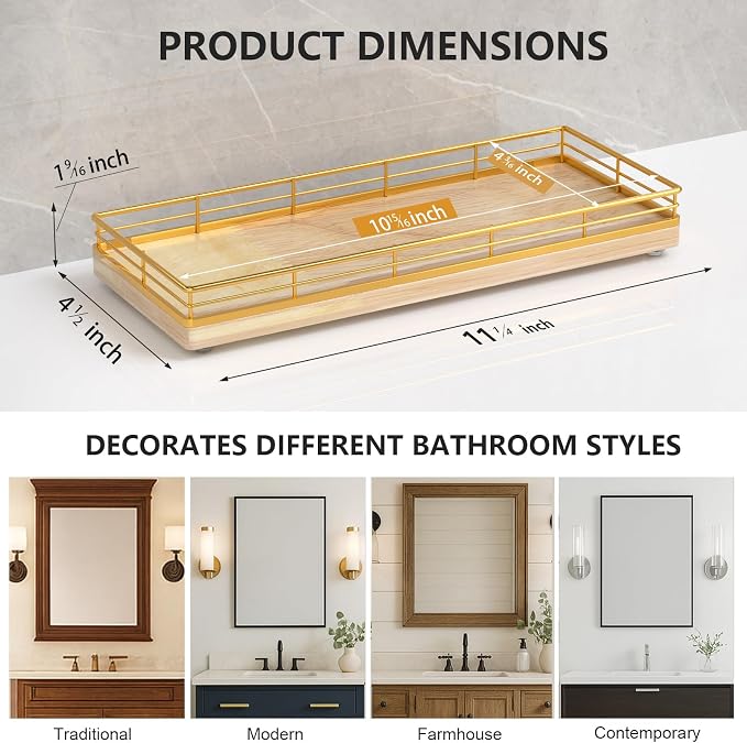 Bathroom Tray for Counter Top Organizer, Oak Wood Vanity Tray | Metal Frame for - Image 6