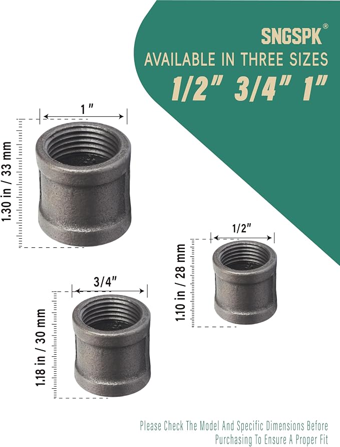 Black Cast Iron Pipe Coupling Fittings, 1/2 Inch Female Thread Connectors - Image 4