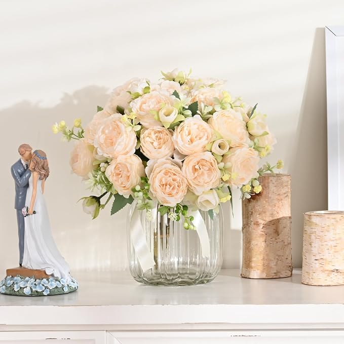 4 Packs Peonies Artificial Flowers, Champagne Silk Artificial Peonies | Fake - Image 3