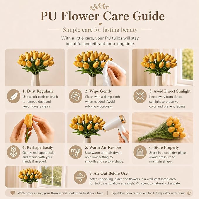 Mandy's 20pcs Artificial Gold Tulips | 13.5 Inch Lifelike PU Tulips Faux Floral - Image 6