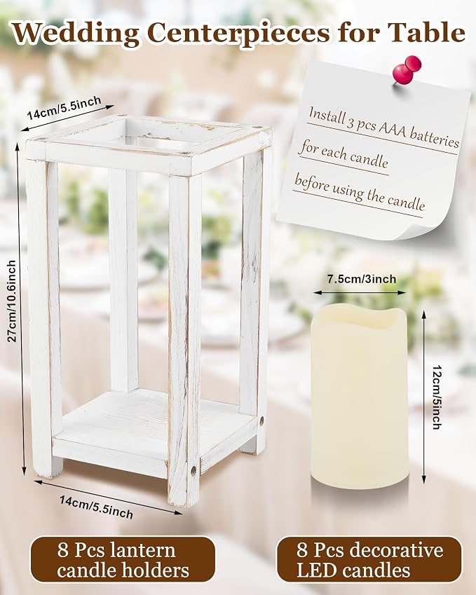 Huquary 16 Pcs Wooden Wedding Lantern Centerpiece Includes 8 Rustic Wooden - Image 2