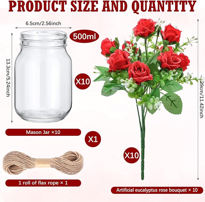 XunYee 10 Set Mason Jars for Centerpieces, Romantic Table Centerpiece Decor - Image 2