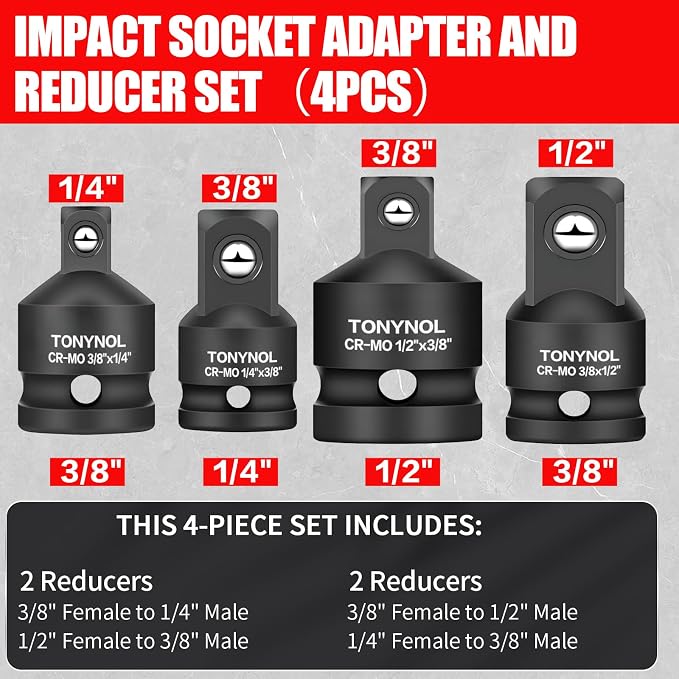 TONYNOL 4pc Impact Socket Adapter & Reducer Set, 1/2" Drive | Cr-Mo steel build - Image 2