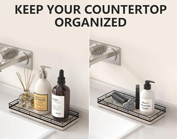 Bathroom Tray for Counter Top Organizer, Ash Wood Vanity Tray | Metal Frame for - Image 2