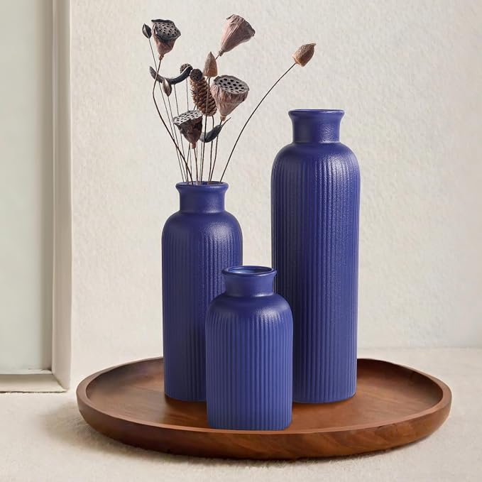 Small Navy Blue Ceramic Vase Set of 3, Boho Modern Navy Blue Flower Vase Room - Image 6