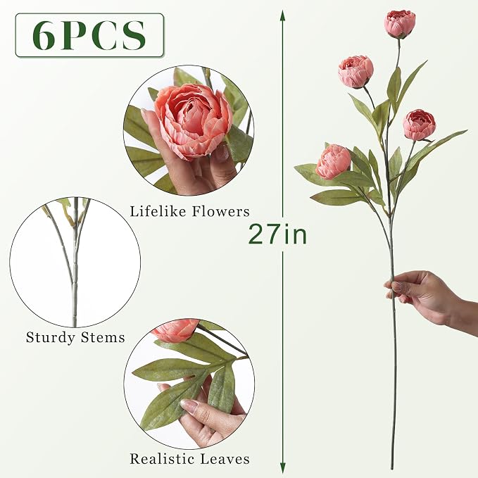 6 Pcs 27" Faux Silk Peony Artificial Flowers Stems - Image 5