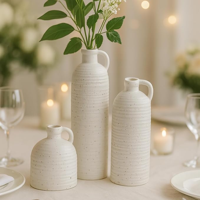 White Polka Dot Vase Set of 3, Ribbed Jugs - Image 4