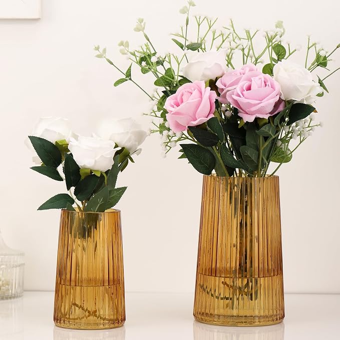 Ribbed Flower Vases Set of 2, Amber Vases by MARTAGE