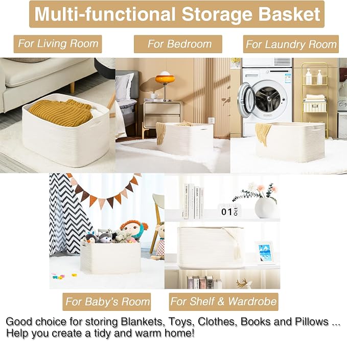 ICERZCZ Large Rectangle Blanket Basket, Large Storage Basket, Cotton Rope Woven - Image 5