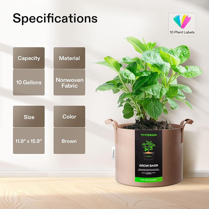 VIVOSUN 5-Pack 10 Gallon Plant Grow Bags Fabric Pots - Image 2