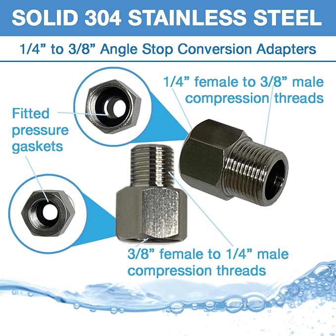 1/4” to 3/8” Male and Female Angle Stop, FULL THREAD Compression Adapters - Image 2