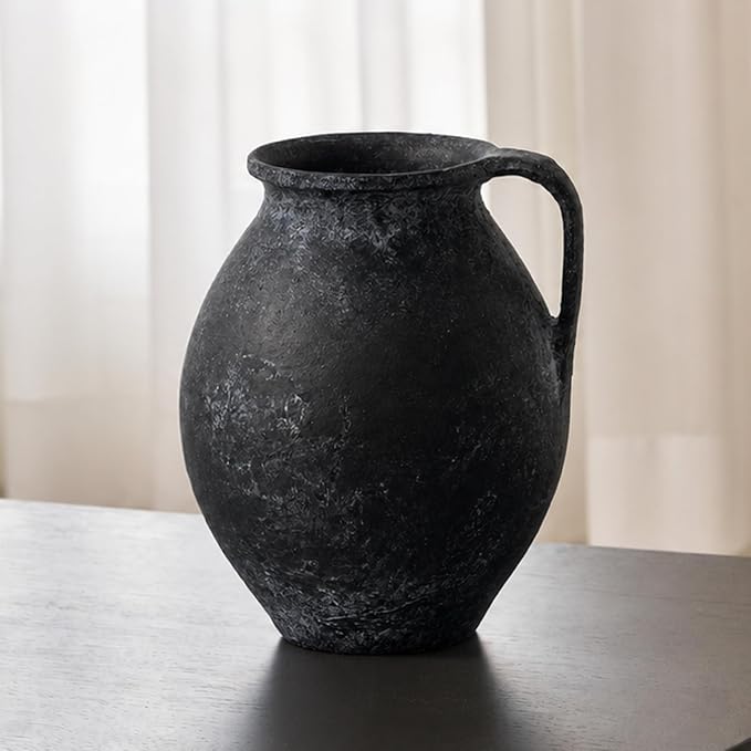 LB2 Black Ceramic Large Vase, 11.2" Tall Zen Style Vase, Terra Cotta Pitcher by LB2