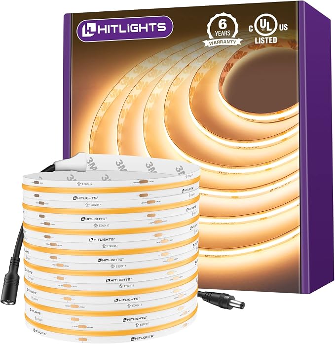 HitLights COB LED Strip Lights Warm White 2700K, 16.4ft 24V Tape, UL Listed | by HitLights