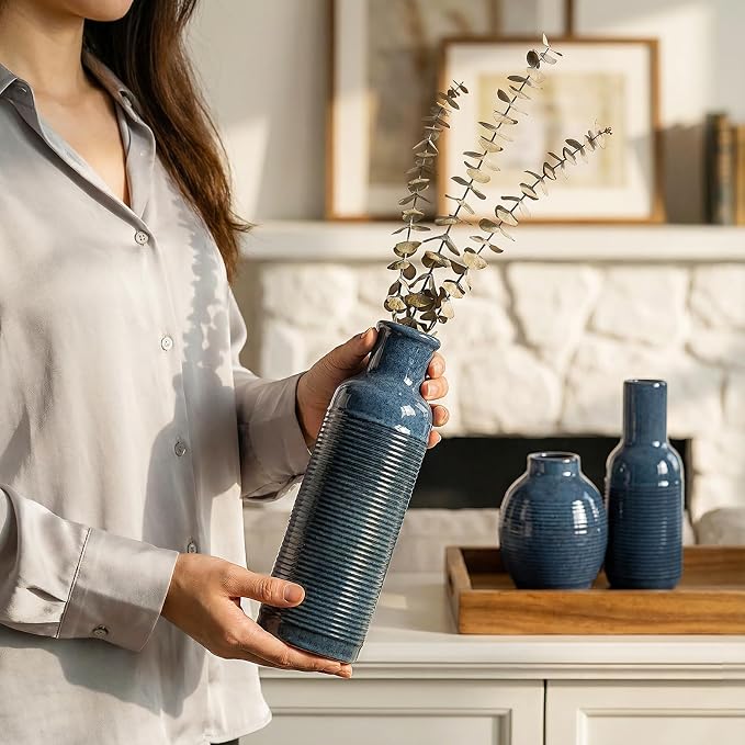 Ceramic Blue Vase Set of 3 - Image 7