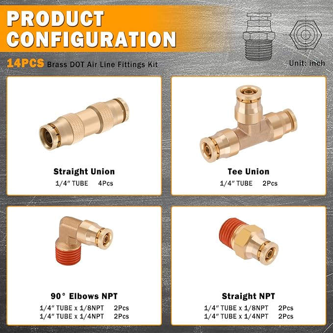 14 Pcs 1/4" Brass DOT Air Line Fittings Kit 1/8" 1/4" DOT Push Lock Air - Image 2
