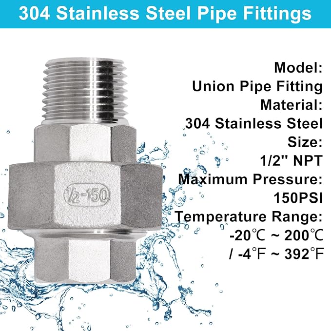 2PCS Cast Pipe Fittings Union, 1/2" NPT Male x 1/2" NPT Female 304 Stainless - Image 4