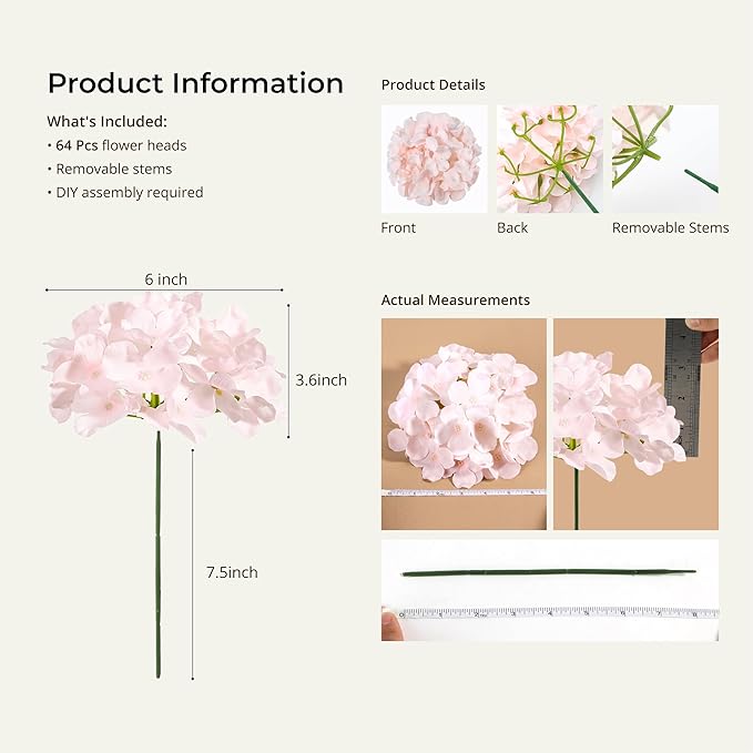 Auihiay 64Pcs Pink Hydrangea Artificial Flowers Bulk, Silk Hydrangeas | - Image 4