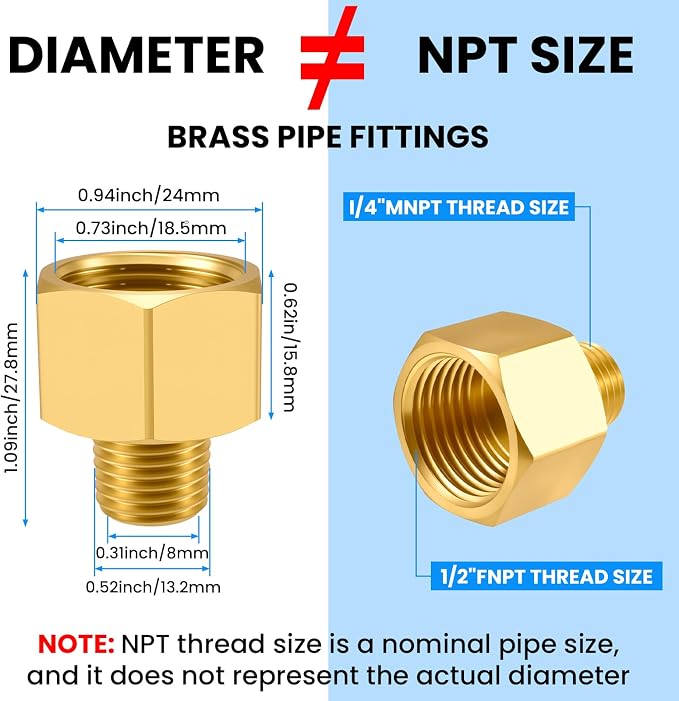 SDTC Tech Brass Pipe Fitting 1/4 NPT Thread Male to 1/2 NPT Thread Female | - Image 8