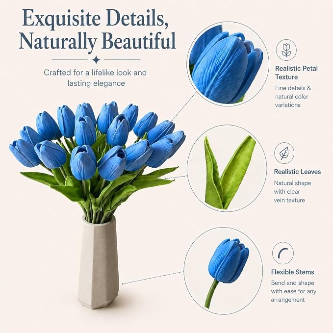 Mandy's 20pcs Artificial Light Blue Tulips | 13.5 Inch Lifelike PU Tulips Faux - Image 4