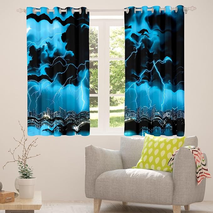 jejeloiu Blue Thunder Lightning Window Drapes Cool Flashing Lightning Blackout - Image 4