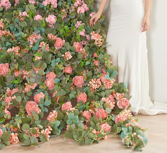 Artificial Flower Garland 2pcs 5.4ft Rose & Hydrangea Vine, Champagne Pink | - Image 4