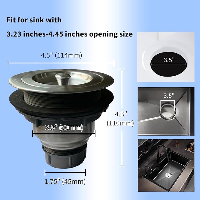 Kitchen Sink Drain Strainer Assembly, 3-1/2 Inch 304 Stainless Steel Sink Drain - Image 2