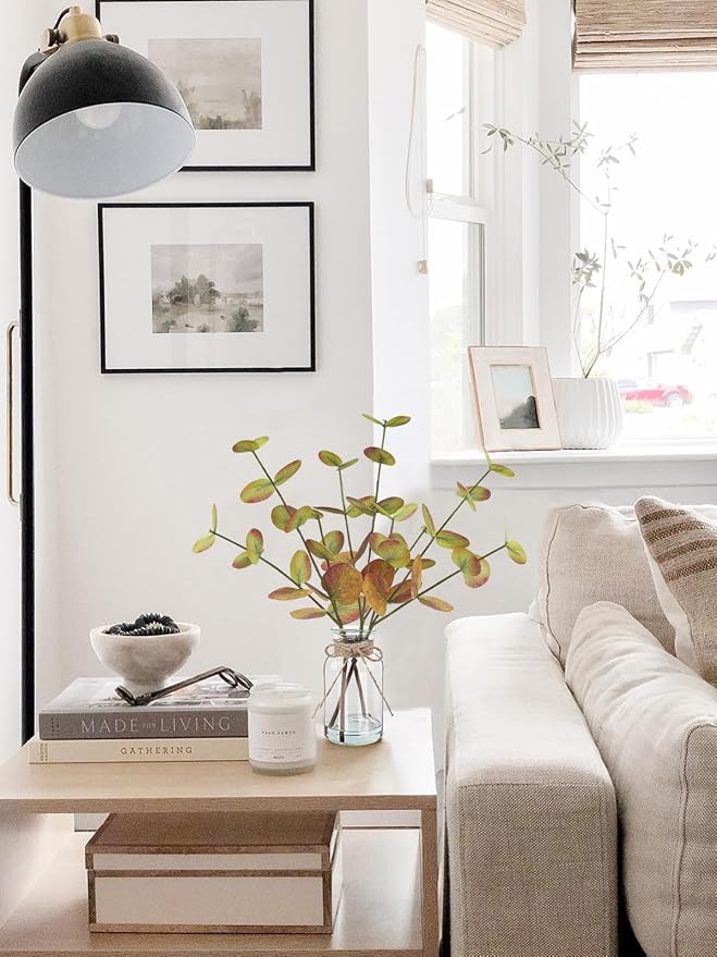 Fall Fake Eucalyptus Stems in Glass Vase - Image 2